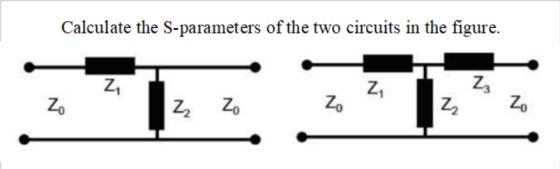 Calculate the S-parameters of the two circuits in the figure. Z Z 23 Z₂ ZO |Z₂ Zo Z. Zo