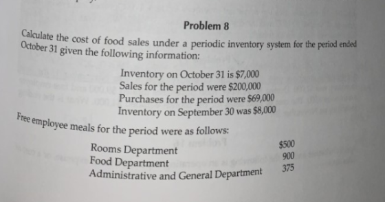 Problem 8 ulate the cost of food sales under a periodic inventory system for the period ended October 31 given the following