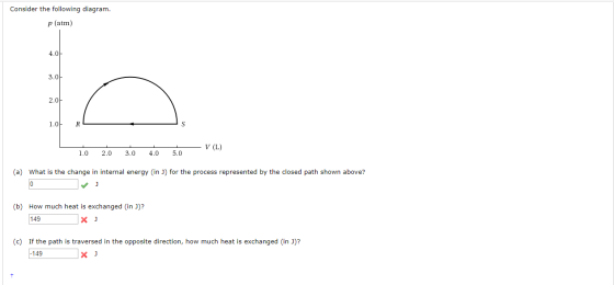 Consider the following diagram. p (atm) 4.0 3.05 2.0 1.0 R — V (L) 1.0 2.0 3.0 4.0 5.0 (a) What is the change in internal ene