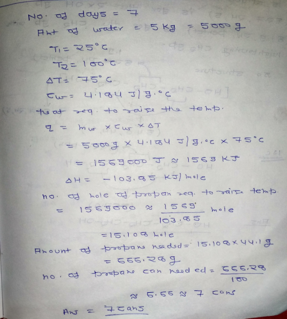 100 Puista No. og days = 7 #mt of water = 5kg = 5000g T = 25°C To= 100°c AT: 75°C Euro 4.194 TigogoCHT ons heat reg to raise