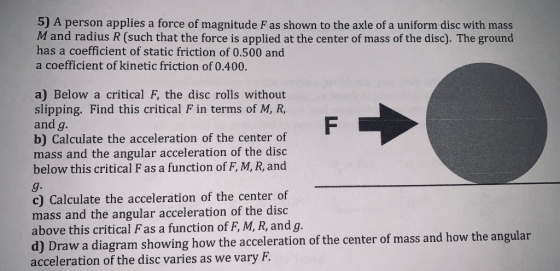 5J A person applies a force of magnitude F as shown to the axle of a uniform disc with mass Mand radius R (such that the forc