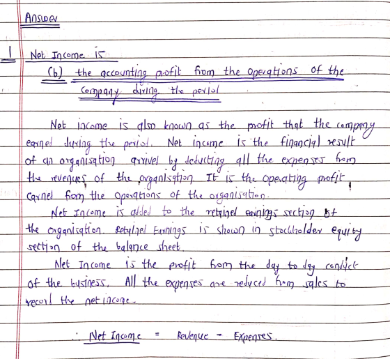 Answer I Net Income is (b) the accounting pofit Company during the from the Operations of the period Net income is alwe known