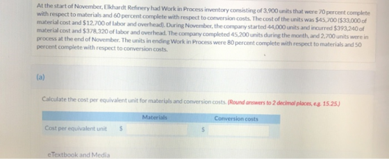 At the start of November, Elkhardt Refinery had Work in Process inventory consisting of 3,900 units that were 70 percent comp