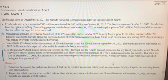 page 758 P 13-3 Current-noncurrent classification of debt .LO13-1, LO13-4 The balance sheet at December 31, 2021, for Nevada