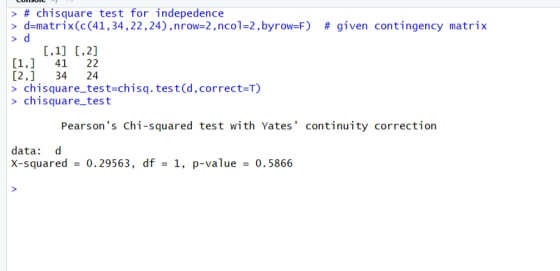> # chisquare test for indepedence > d=matrix(c(41,34,22, 24), nrow=2, ncol=2, byrow=F) # given contingency matrix > d [,1] [