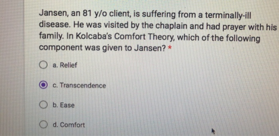 Jansen, an 81 y/o client, is suffering from a terminally-ill disease. He was visited by the chaplain and had prayer with his