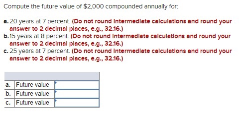 Compute the future value of $2,000 compounded annually for: a. 20 years at 7 percent. (Do not round Intermediate calculations