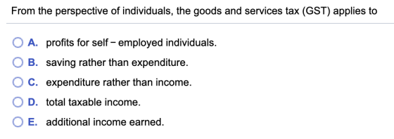 From the perspective of individuals, the goods and services tax (GST) applies to O A. profits for self-employed individuals.