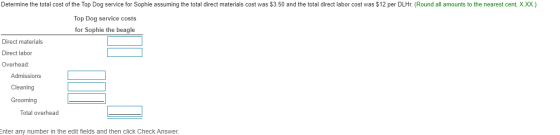 Determine the total cost of the Top Dog service for Sophie assuming the total direct materials cost was $3.50 and the total d