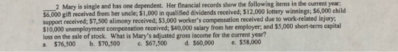 2 Mary is single and has one dependent. Her financial records show the following items in the current year $6,000 gift receiv