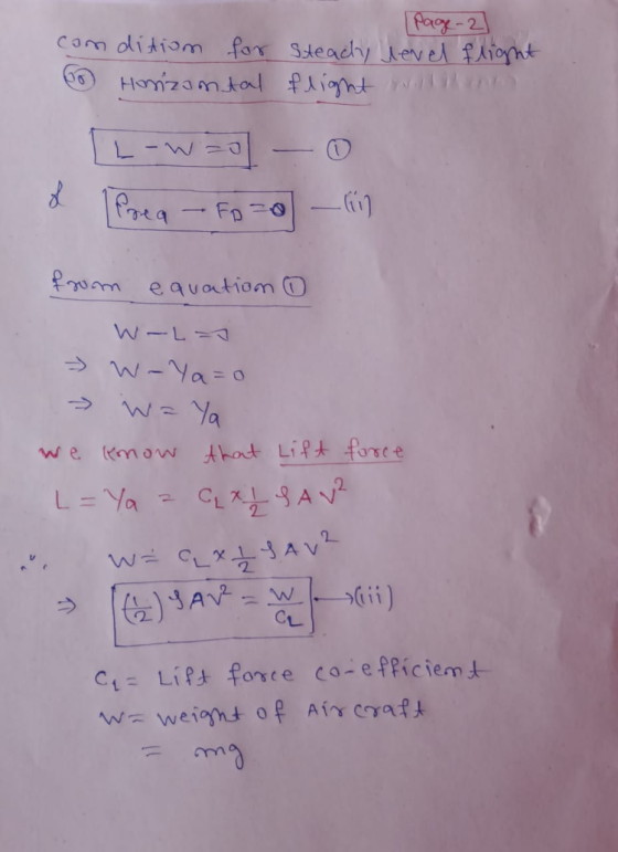 (Page 2] comdition for Steady level flight Horizontal flight willenna O L-w=o I Porea - Fo=0 Foto -lin from equation W-L- - W