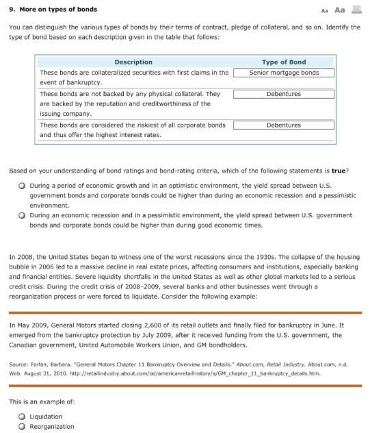 9. More on types of bonds Aa Aa E You can distinguish the various types of bonds by their terms of contract, pledge of collat