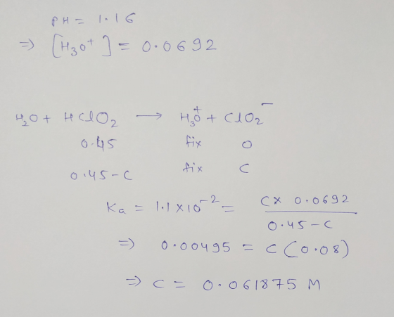 = [H₂ot ] = 0.0692 40+ HClO2 - Hot cloă 0.45 fixo 0:45-c fix c cx 0.0692 Ka = lil x10-2_ 0.45-( =cco.08) =) ono ou 95 = c = 0