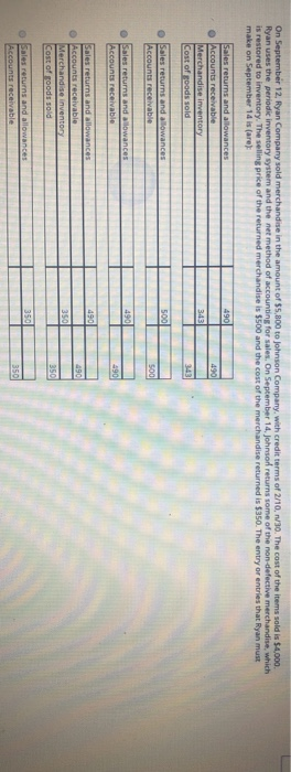 On September 12. Ryan Company sold merchandise in the amount of $5.00 Jouson Company with credits 2 /10. 30. The cost of the