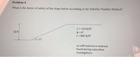 Problem 4 What is the factor of safety of the slope below according to the Stability Number Method? 110 Ib/ft 20 ft c800 b/ft