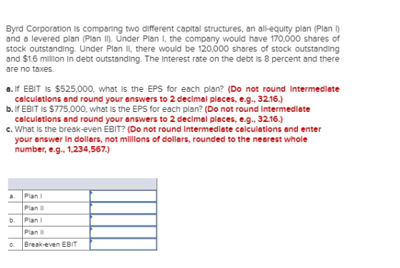 Byrd Corporation is comparing two different capital structures, an all-equity plan (Plan 1) and a levered plan (Plan II). Und