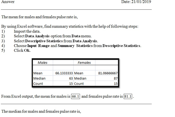 Answer Date: 21/01/2019 The mean for males and females pulse rate is, By using Excel software, find summary statistics with the helpof following steps 1) Import the data. 2) Select Data Analysis option from Data menu. 3) Select Descriptive Statistics from Data Analysis. 4) Choose Input Range and Suunnary Statistics from Descriptive Statistics. 5) Click Ok. Males Females 66.1333333 Mean Mean Median Count 81.06666667 87 15 63 Median 15 Count From Excel output, the mean for males is 66.1 and females pulse rate is 81.1 The median for males and females pulse rate is,