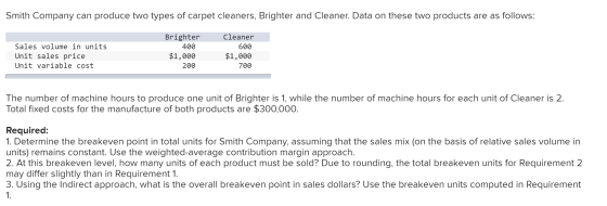 Smith Company can produce two types of carpet cleaners, Brighter and Cleaner. Data on these two products are as follows: Sale