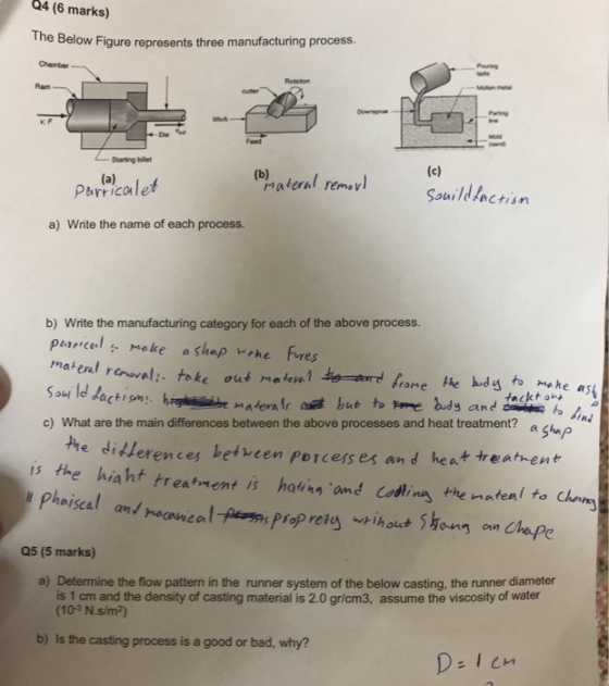 Q4(6 marks) The Below Figure represents three manufacturing process. Ram Parficalet bateral remarl Souildsnctisn a) Write the name of each process. b) Write the manufacturing category for each of the above process. tackt?h dy and c) What are the main differences between the above processes and heat treatment? a he dillerences between Porcers es and he a+treathent Phaiscal hout ons an Cha Q5 (5 marks) a) Determine the flow pattern in the runner system of the below casting, the runner diameter is 1 cm and the density of casting material is 2.0 gr/cm3, assume the viscosity of water (103 N.s/m2) b) Is the casting process is a good or bad, why?