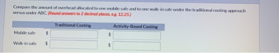 Compare the amount of overhead allocated to one mobile safe and to one walk in safe under the traditional costing approach ve