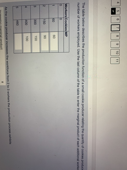 The table below describes the production function of a small cookie producer relating the quantity of cookies produce number