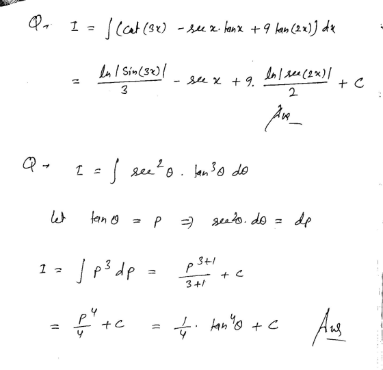 QA I / (cat (3x) - sex. lanx + 9 kan (2x)) du In / Sin(3x) / 3 see x +9. lnl see (2x)/ 2 + c A I see²o. Janso do s let fano a