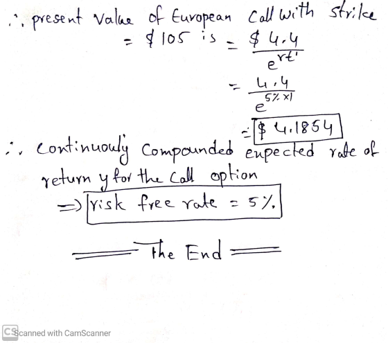 is present value of European call with strike = $105 is $404 = 4.4 5701 i continuonly Compounded expected -1$ 4:1854] rate of
