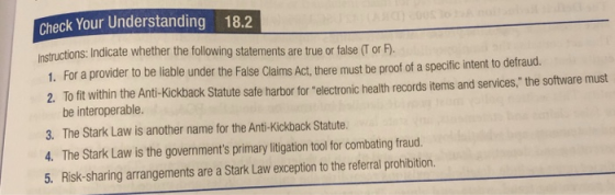 Check Your Understanding 18.2 nstructions: Indicate whether the following statements are true or false (T or F) 1. For a prow