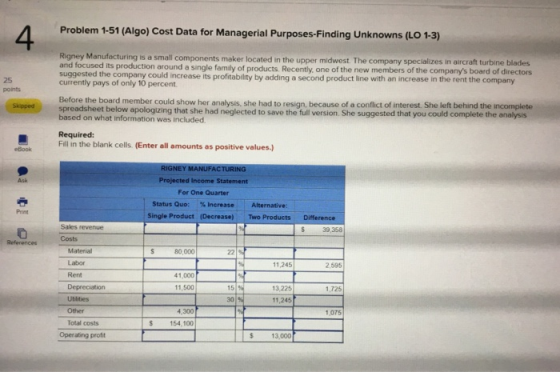 Problem 1-51 (Algo) Cost Data for Managerial Purposes-Finding Unknowns (LO 1-3) Rigney Manufacturing is a small components ma
