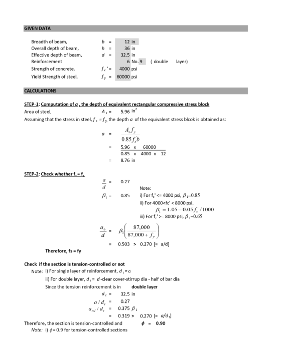 GIVEN DATA b = h = da Breadth of beam, Overall depth of beam, Effective depth of beam, Reinforcement Strength of concrete, Yi