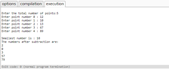 options compilation execution Enter the total number of points:5 Enter point number 0 12 Enter point number 1 10 Enter point