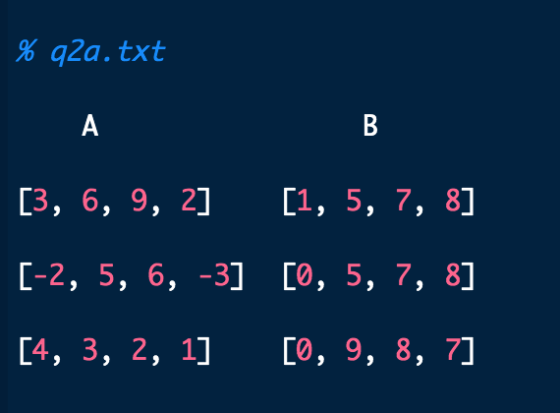 % q2a.txt [3, 6, 9, 2] C1, 5, 7, 8] C-2, 5, 6, -3] [0, 5, 7, 8] C4, 3, 2, 1] [0, 9, 8, 7]