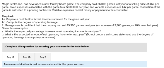 Magic Realm, Inc., has developed a new fantasy board game. The company sold 36,000 games last year at a selling price of $62
