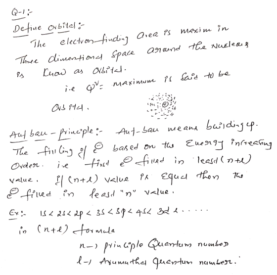 Define cnbitel :- 1. The electron finding area is maxim in Three dimentional space around the Nucleos is know as orbital. - i