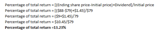 Percentage of total return = [(Ending share price-Initial price) +Dividend]/Initial price Percentage of total return = [($88-