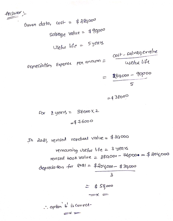 Answery Given data, cost = $ 280,000 Salvage value = $ 90000 useful life = 5 years Expense per annum Depreciation cost - Salu