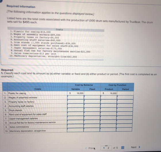 Required information (The following information applies to the questions displayed below.) Listed here are the total costs as