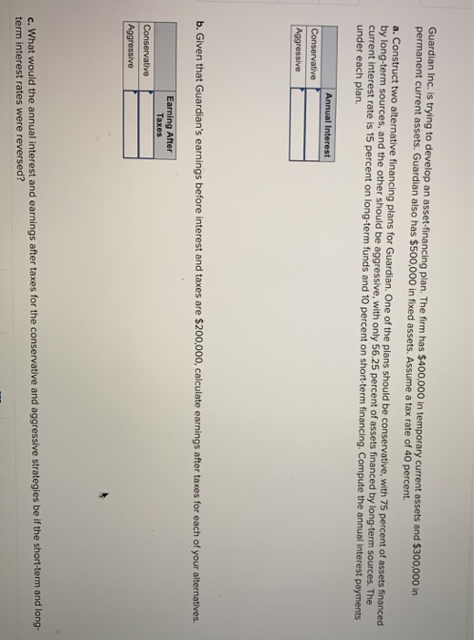 Guardian Inc. is trying to develop an asset-financing plan. The firm has $400,000 in temporary current assets and $300,000 in permanent current assets. Guardian also has $500.000 in fixed assets. Assume a tax rate of 40 percent a. Construct two alternative financing plans for by long-term sources, and the other should be aggressive, with only 56.25 percent of assets financed current interest rate is 15 percent on long-term funds and 10 percent on short-term financing. Comput under each plan. Guardian. One of the plans should be conservative, with 75 percent of assets financed by long-term sources. The e the annual interest payments Annual Interest b. Given that Guardians earnings before interest and taxes are $200,000, calculate earnings after taxes for each of your alternatives. Earning After Aggressive c. What would the annual interest and earnings after taxes for the conservative and aggressive strategies be if the short-term and long- term interest rates were reversed?
