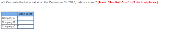 0-1. Calculate the book value on the December 31, 2020, balance sheet? (Round Per Unit Cost to 3 decimal places.) Book Valu