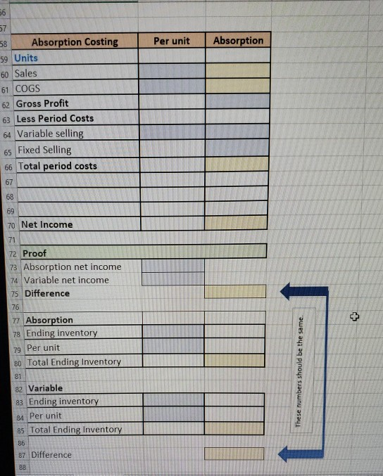 Per unit Absorption 58 Absorption Costing 59 Units 60 Sales 61 COGS 62 Gross Profit 63 Less Period Costs 64 Variable selling