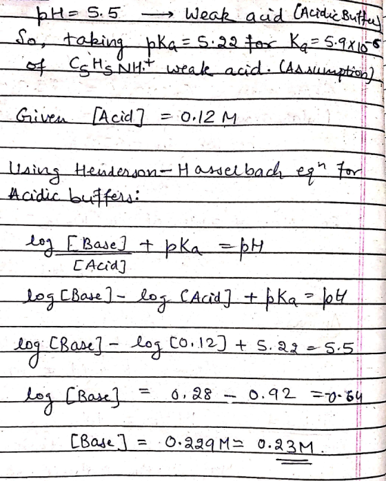 pH=5.5 - Weak acid (Acidic Buffer So, taking bka = 5:22 foc Ką= 5.9x105 of Cs His Hot weak acid. (Aastaption) Given [Acid] =