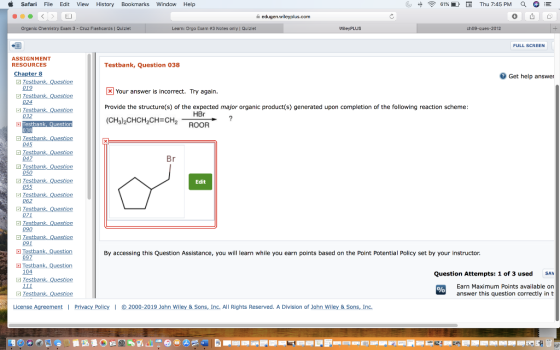 Safari File Edit View History Bookmarks Window Help 61% E Thu 7:45 PM Q E edugen.wileyplus.com Organic Chemistry Exam 3 - Cru