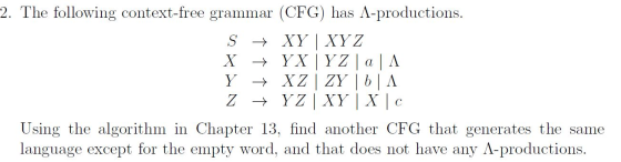 2. The following context-free grammar (CFG) has A-productions. S + XY | XYZ X + YXYZ | a | A Y + XZ | ZY | 6 | A Z YZ | XY |