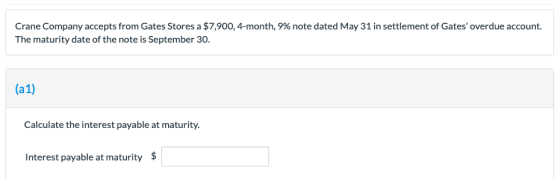 Crane Company accepts from Gates Stores a $7,900, 4-month, 9% note dated May 31 in settlement of Gates overdue account. The