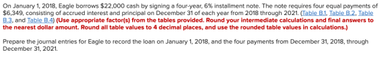 On January 1, 2018, Eagle borrows $22,000 cash by signing a four-year, 6% installment note. The note requires four equal paym