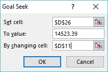 Goal Seek Set cell: To value: By changing cell: SDS26 14523.39 SDS11 OK Cancel