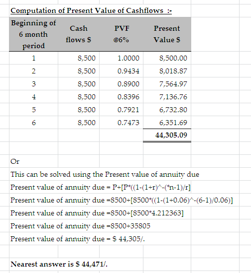 Computation of Present Value of Cashflows :- Beginning of Cash PVF Present 6 month flows $ @6% Value S eriod 8,500 8,500 8,50