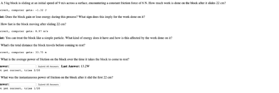 A 5 kg block is sliding at an initial speed of 9 m/s across a surface, encountering a constant friction force of 6 N. How muc