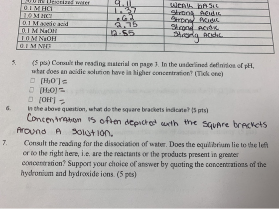 Deionized water week bASiC Strong Aedic Srone ACidic Strone Acidie 0.1 М HCI 1.0 М HCI O.1 M acetic acid O.1 M NAOH 37 a S5 1