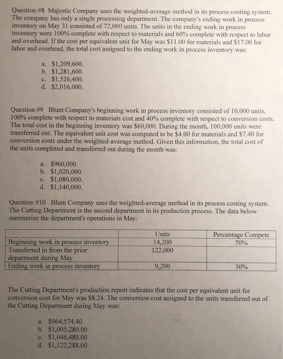 Question #8 Majestic Company uses the weighted average method in its process costing system. The company has only a single pr
